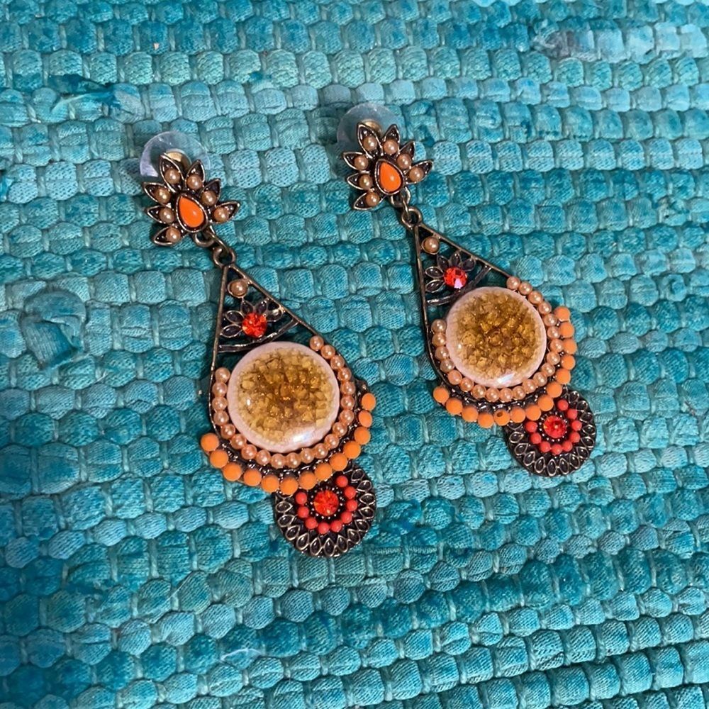 Statement Earrings. Post Dangles Orange Rhinestone - image 1